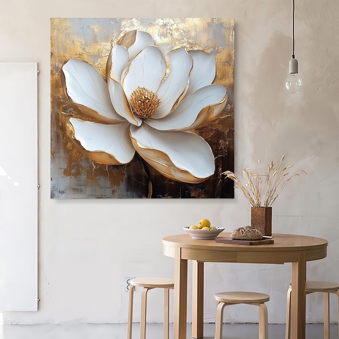 White Flower Oil Painting, White And Gold Art Print - Image 2