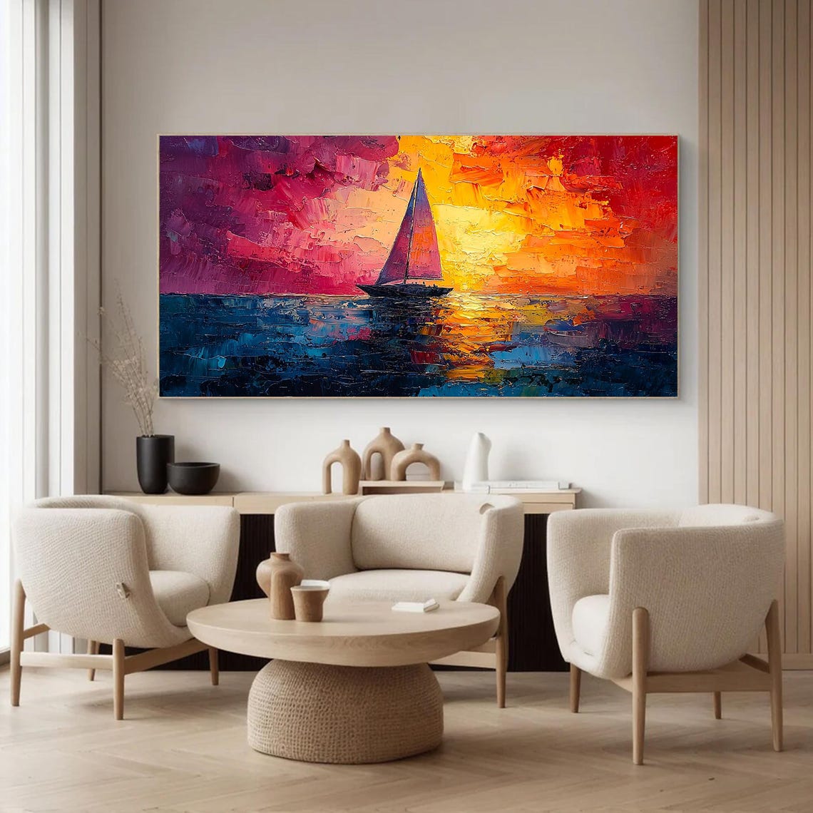 Original Nautical Sailboat Oil Painting On Abstract Sunset Painting Large Wall Art Custom Minimalist Painting Living Room Home Decor - Image 4