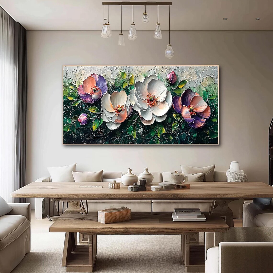 White Pink Purple Blooms Among Dark Green Leaves Floral Wall Art - Image 2