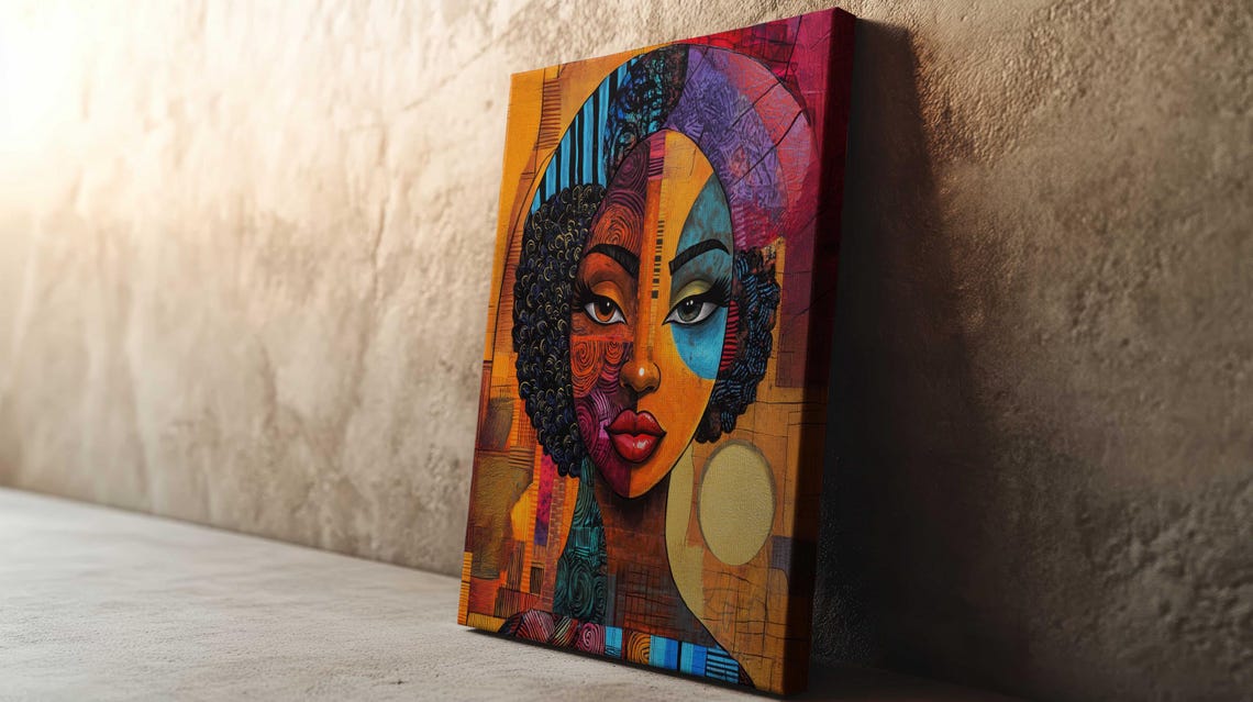 Bold Cubist African Woman Face Orange Blue Purple Patterned Wall Art - Image 2