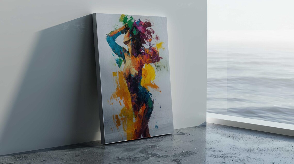 Nude Woman Arms Raised Colorful Abstract Brushstroke White Art Poster - Image 3