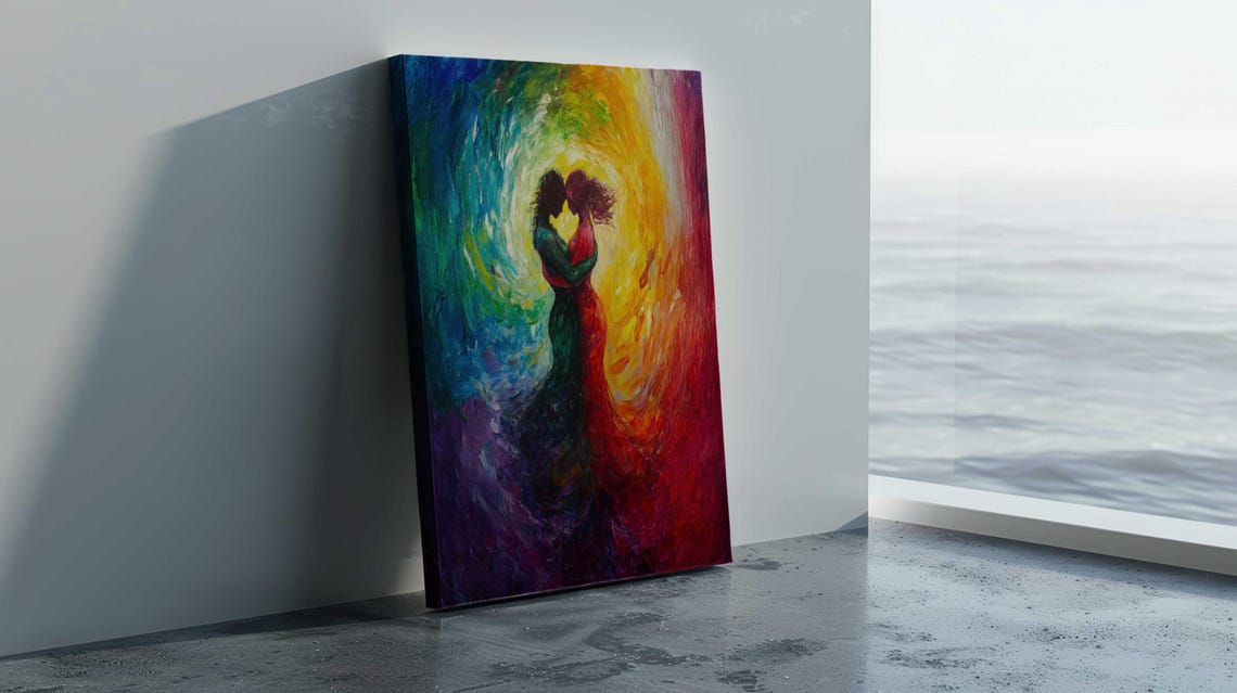 Abstract Expressionist Embracing Couple Rainbow Swirl Wall Poster