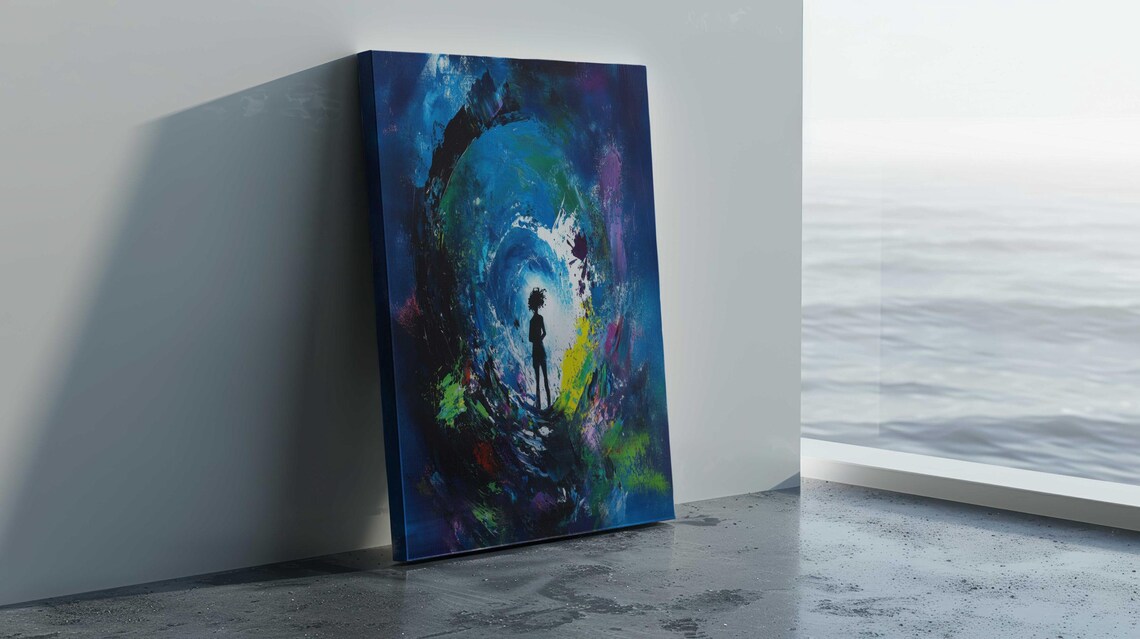 Abstract Figure Standing In Blue Vortex Swirl Tunnel Art Print Poster