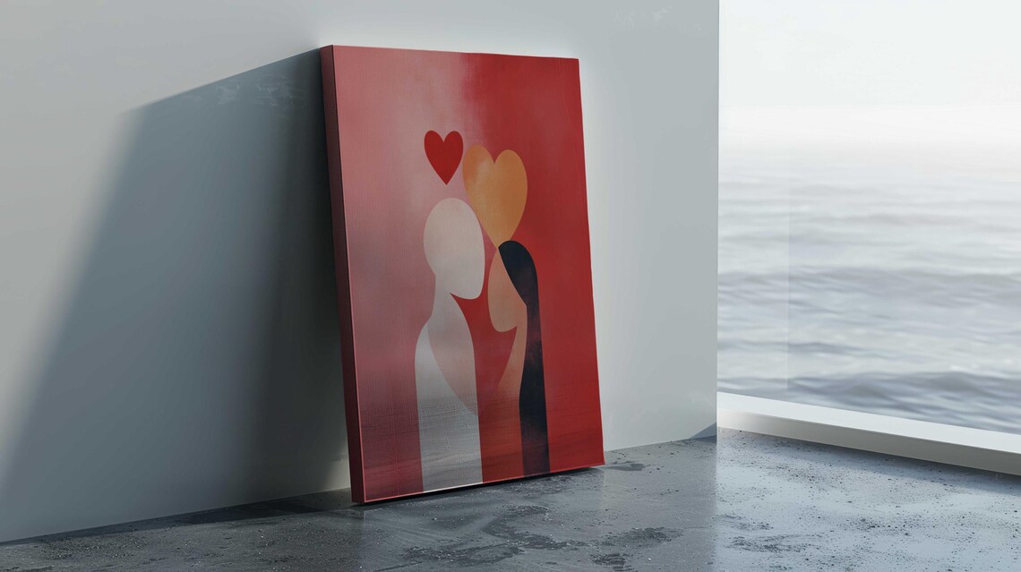 Minimalist Embracing Couple Hearts Red Background Romantic Love Poster - Image 2