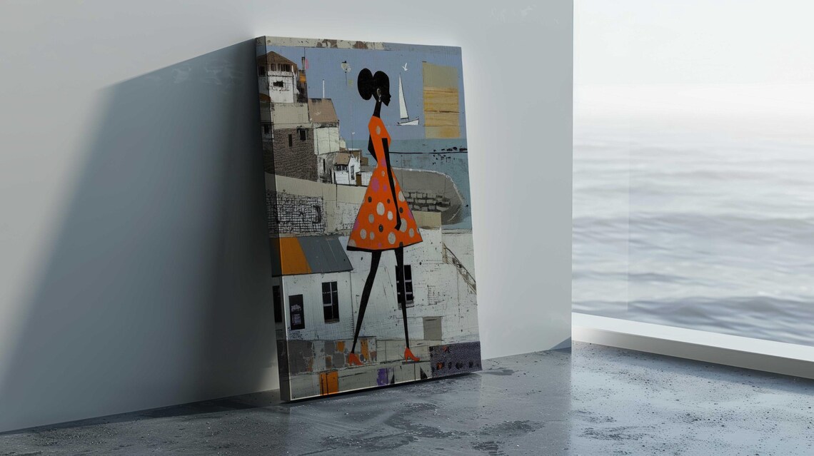 Black Woman Orange Polka Dot Dress Coastal Town Sailboat Art Print - Image 2