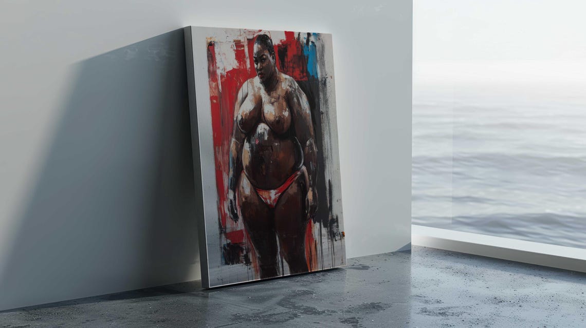 Curvy Black Woman Standing Bold Red Blue Expressionist Art Poster - Image 3