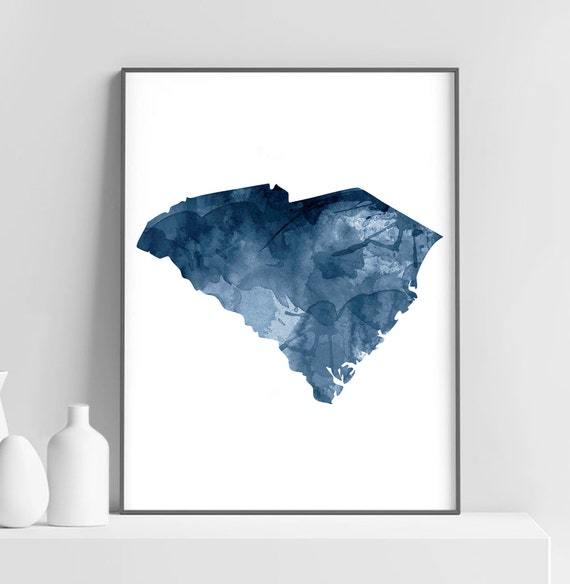 South Carolina State Map Print Silhouette Watercolor Navy Blue Modern Wall Art Usa Poster Home Decor