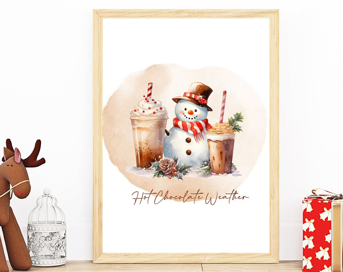 Cute Snowman Iced Cocoa Drinks Watercolor Christmas Holiday Poster