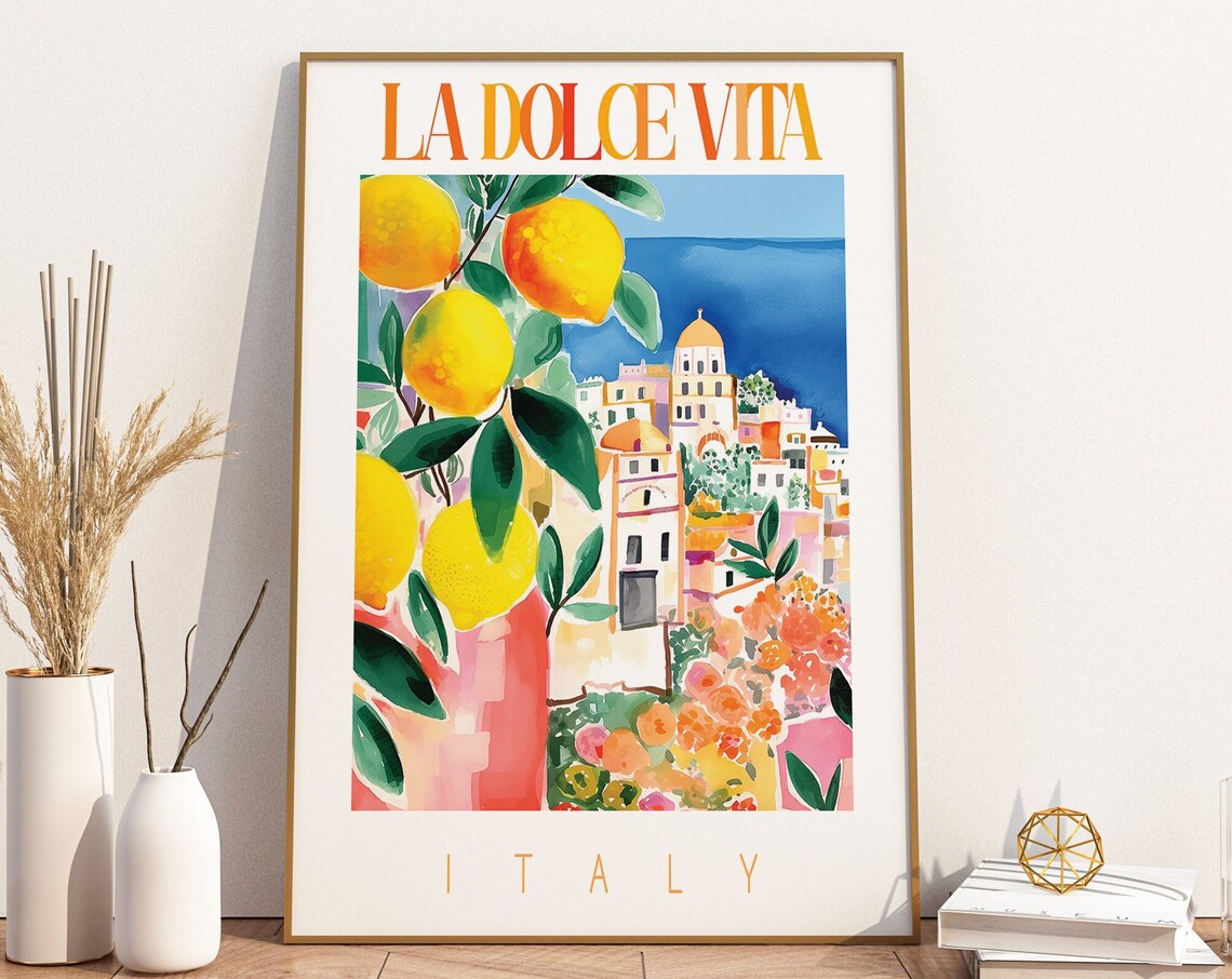 La Dolce Vita Amalfi Coast Lemon Watercolor Italy Travel Art Poster