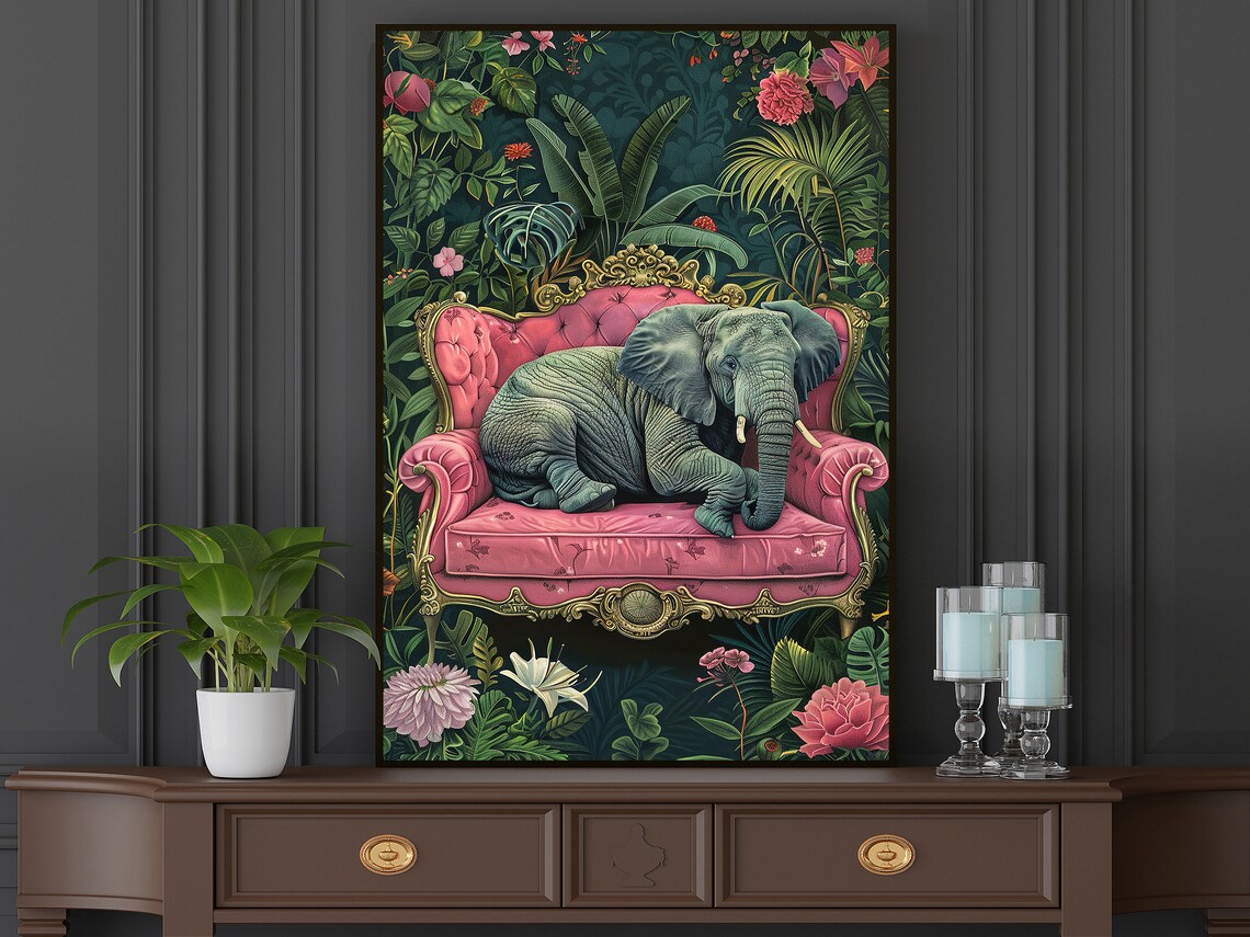 Tropical Elephant On The Sofa, Animal Wall Art Print - Image 3