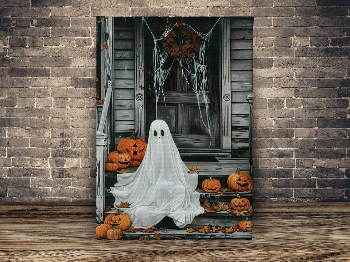 Ghost On Porch With Jack O Lanterns Cute Spooky Halloween Art Print - Image 2
