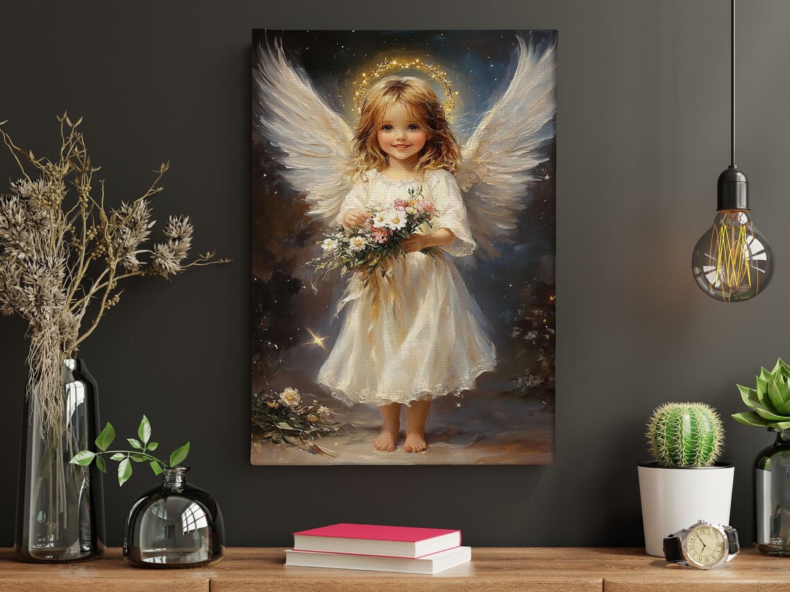Little Angel Girl With Golden Halo Holding Flower Bouquet Night Poster - Image 5