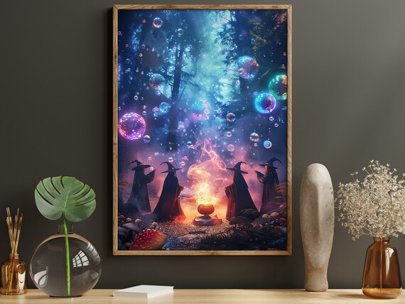 Witches Cauldron Night Forest Glowing Bubbles Magical Coven Halloween Art Print