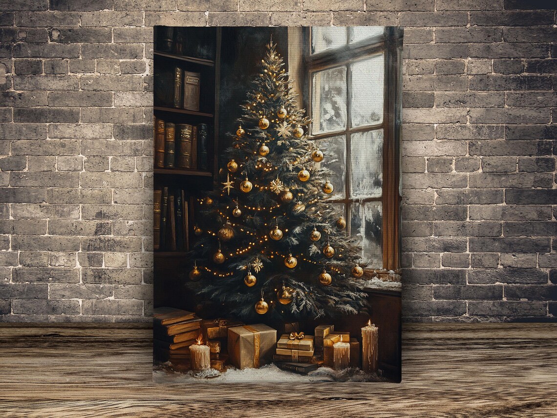 Cozy Christmas Tree With Gold Ornaments By Window With Books Poster - Image 2