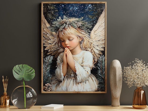 Vintage Praying Angel Girl Starry Night Pine Wreath Christian Christmas Art Poster