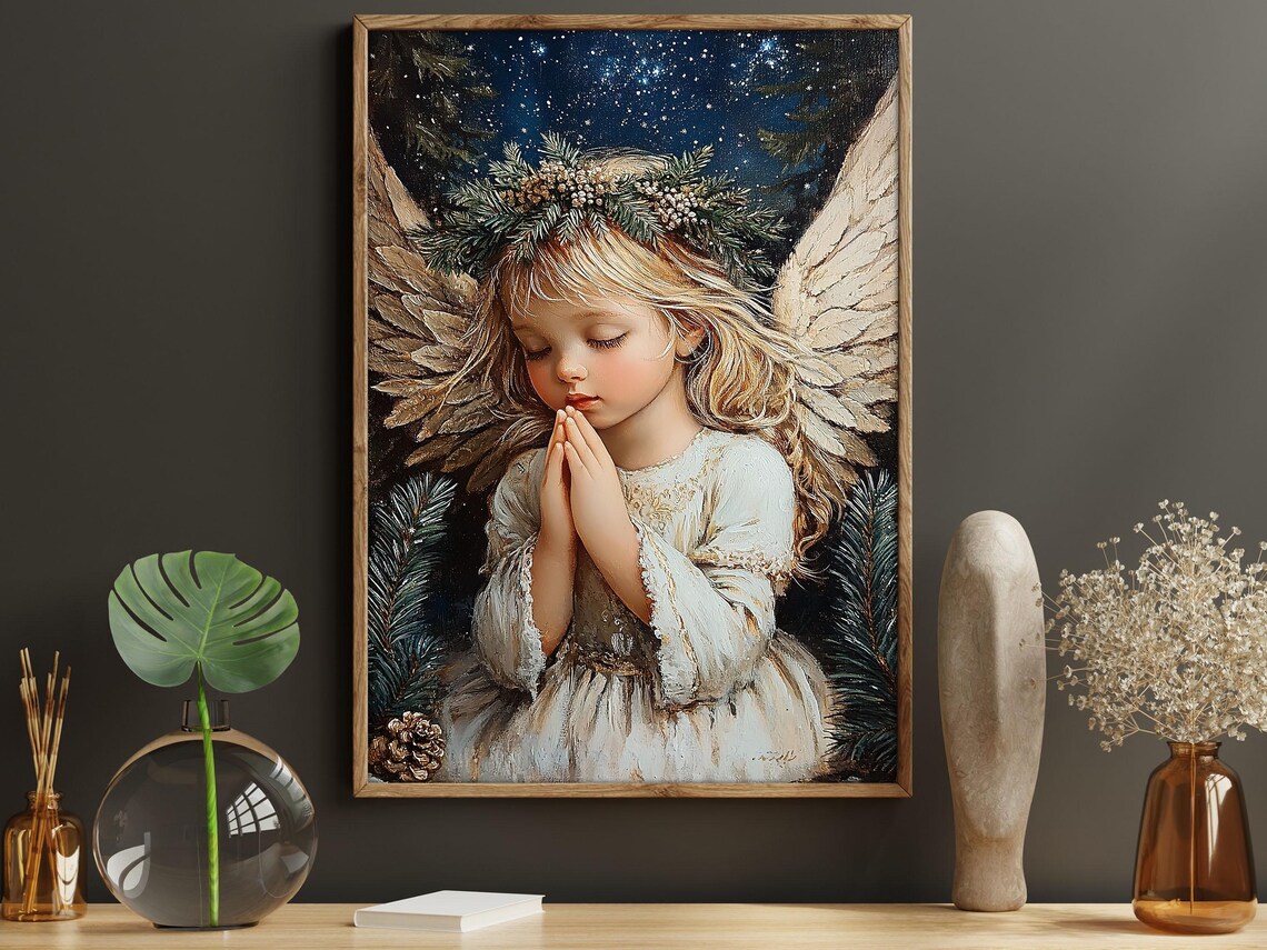 Vintage Praying Angel Girl Starry Night Pine Wreath Christian Christmas Art Poster