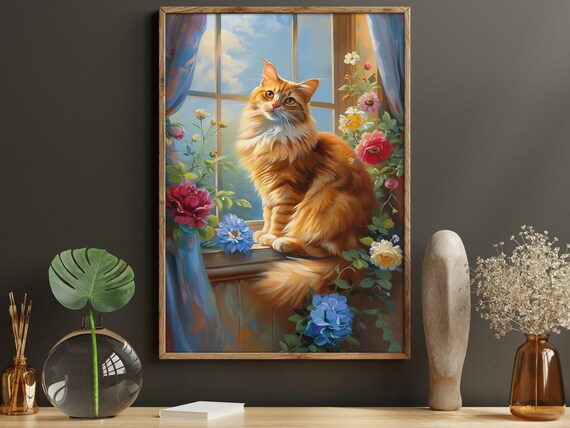 Fluffy Orange Cat On Flower Filled Windowsill Spring Window Poster