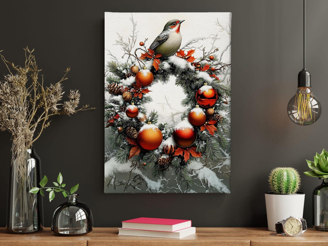 Vintage Christmas Wreath With Red Ornaments And Snowy Songbird Print - Image 3