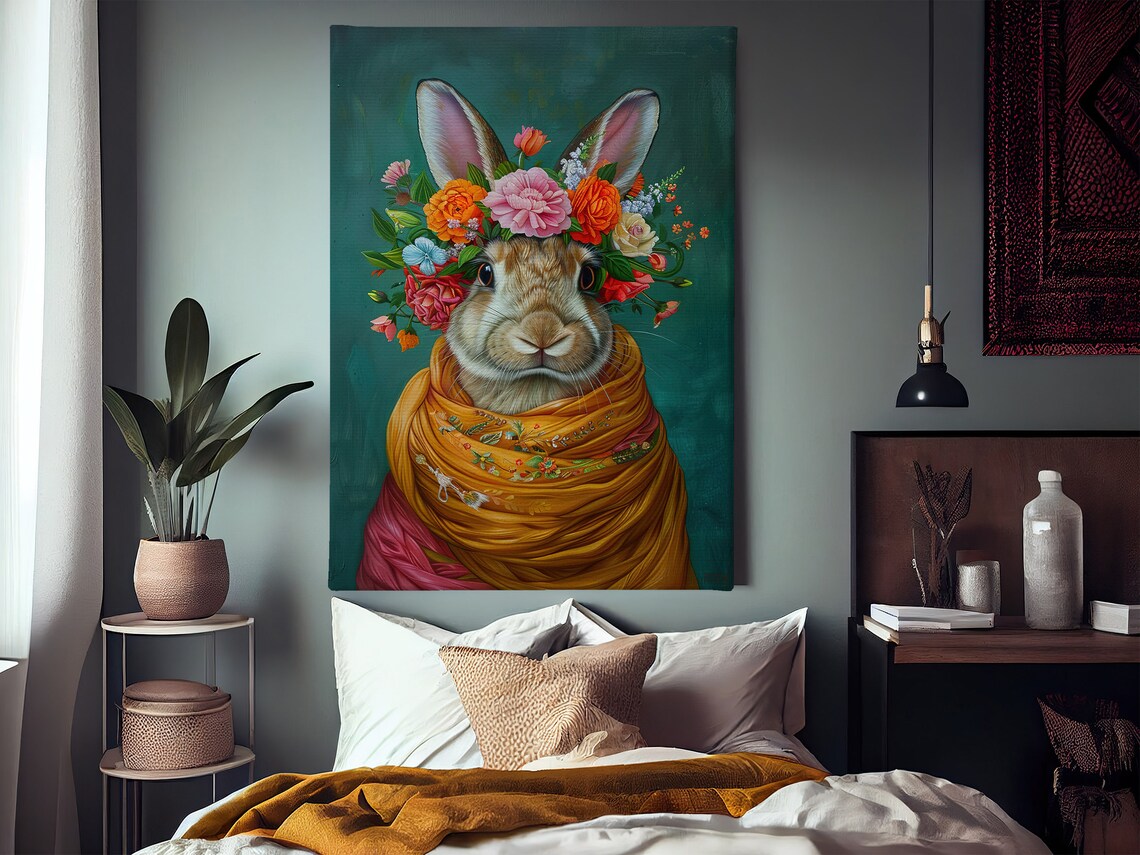 Rabbit With Flower Crown Golden Shawl Whimsical Floral Animal Poster - Image 2