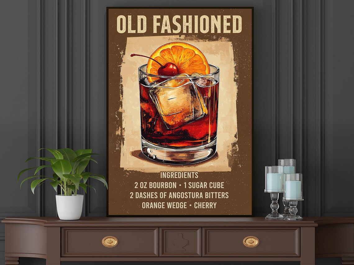 Old Fashioned Cocktail Recipe Bourbon Glass Orange Cherry Bar Poster - Image 5