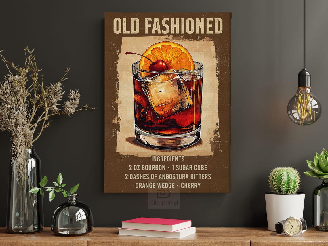 Old Fashioned Cocktail Recipe Bourbon Glass Orange Cherry Bar Poster - Image 4