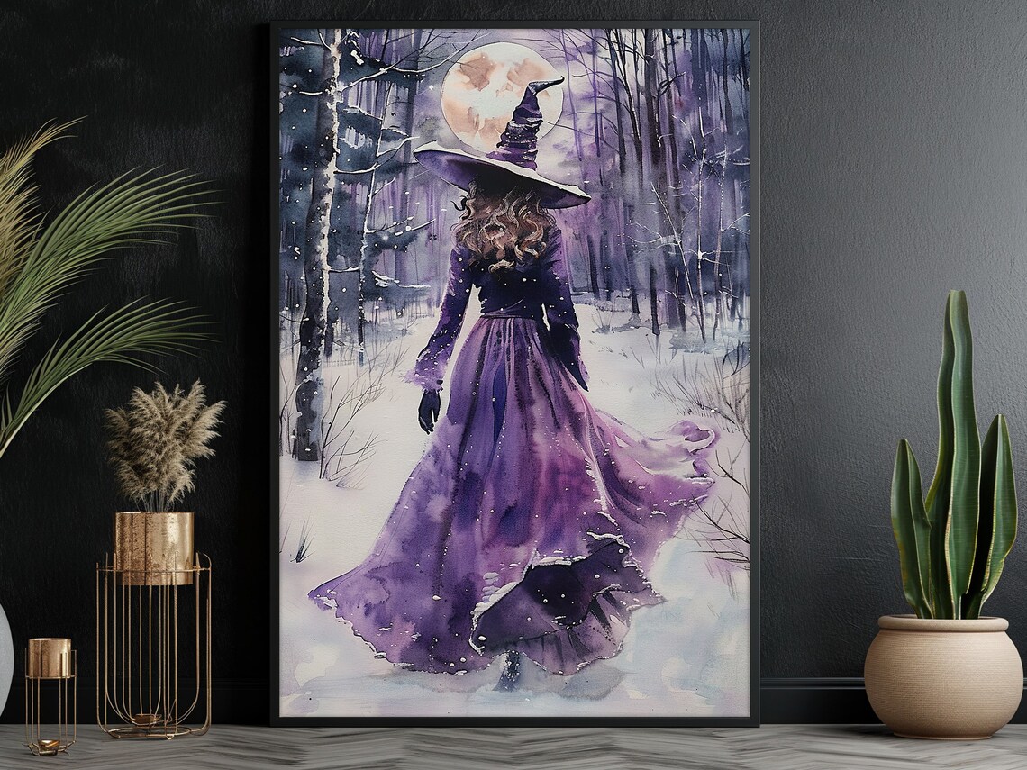 Young Witch in Winter Forest Oil Painting Print - Image 3