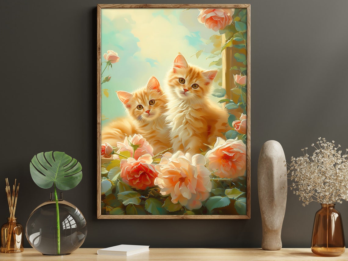 Two Cream Kittens Among Peach Roses At Window Cat Art Poster - Image 5