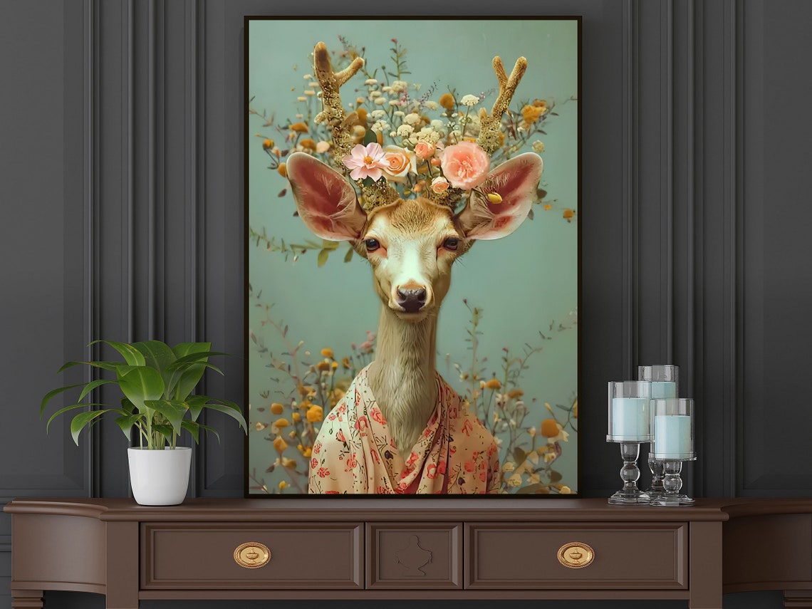 Deer With Floral Crown Portrait On Sage Green Maximalist Animal Poster - Image 5