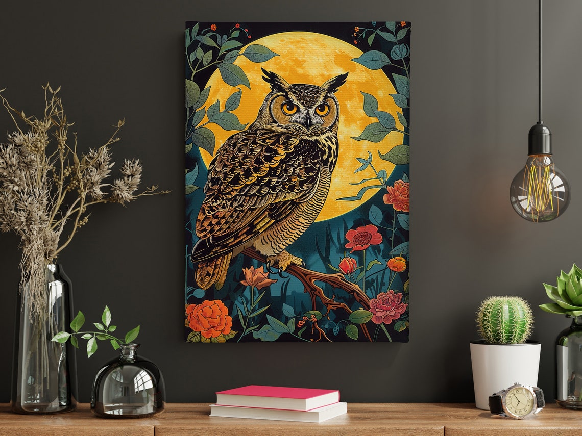 Great Horned Owl Under Golden Full Moon Red Flowers Night Art Poster - Image 4