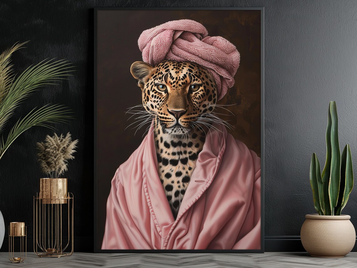 Leopard In Pink Bathrobe Towel Turban Funny Animal Portrait Humor Poster - Image 3