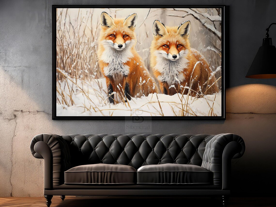 Two Red Foxes Standing In Snowy Winter Grass Wildlife Pair Painting Wall Art - Image 6