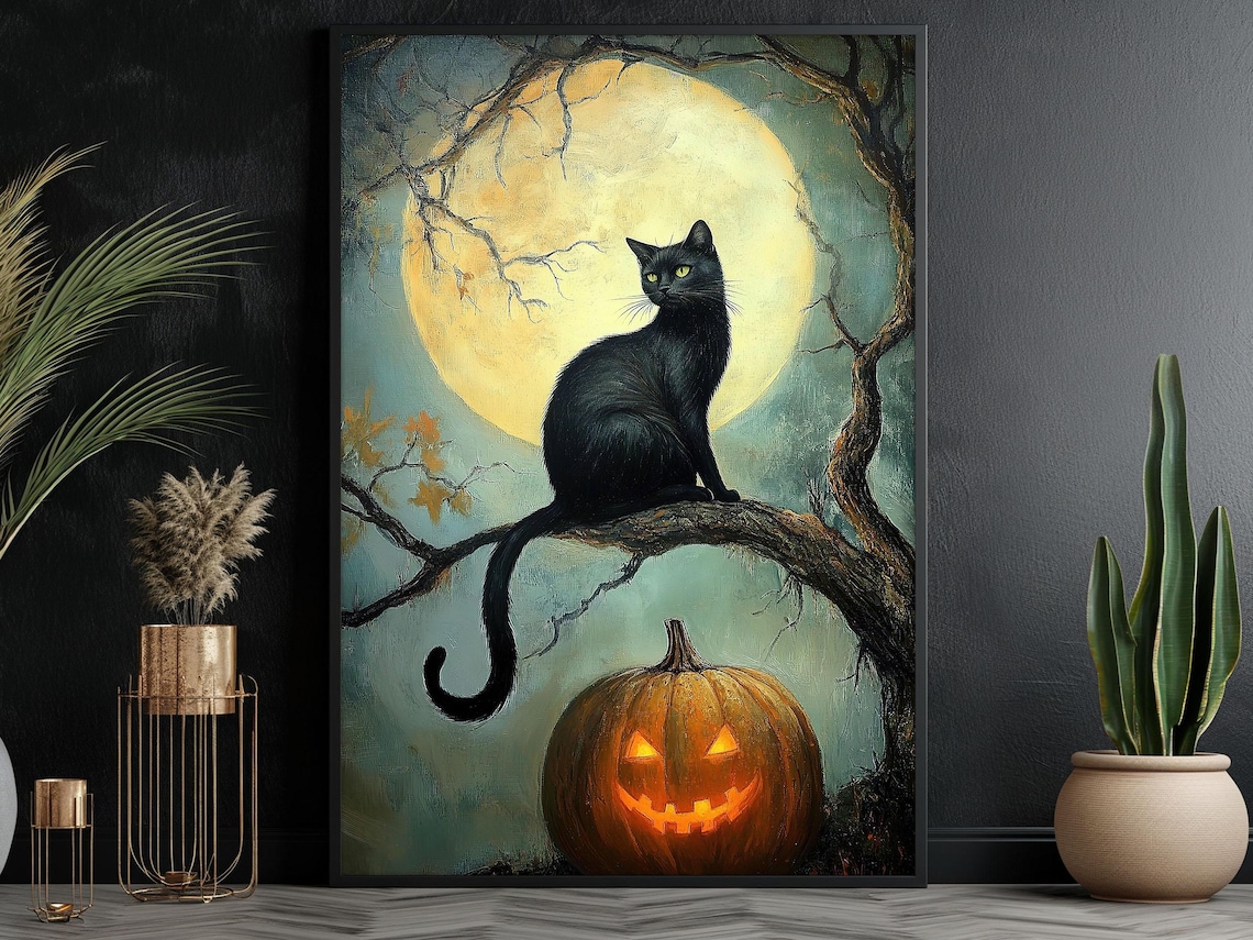 Vintage Black Cat And Moon Halloween Poster, Pumpkin Decor - Image 6