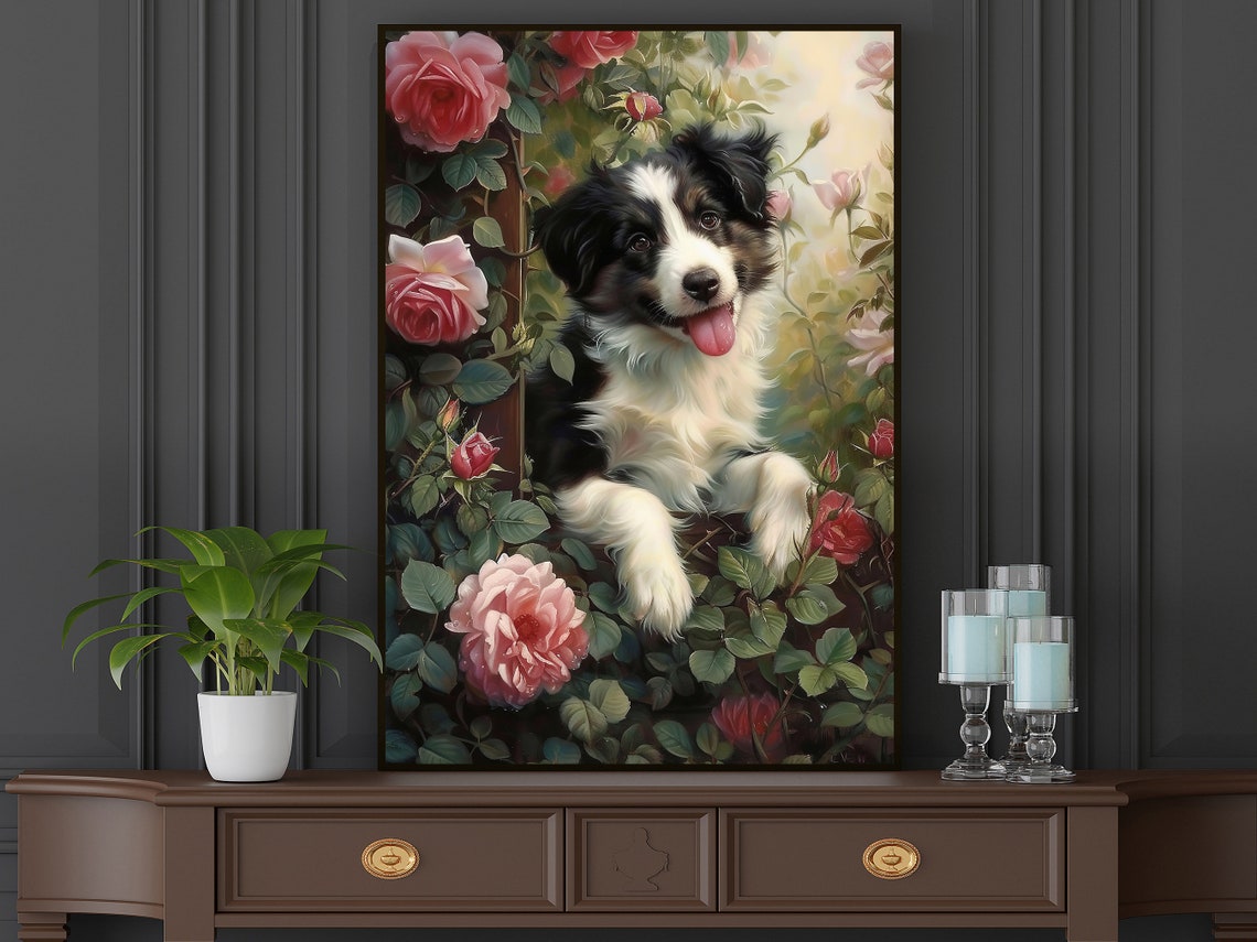 Cute Dog In Flower Garden Oil Painting Dog Print Dog Print Flowers Poster Print Pet Wall Art Dog Lovers Gift - Image 3