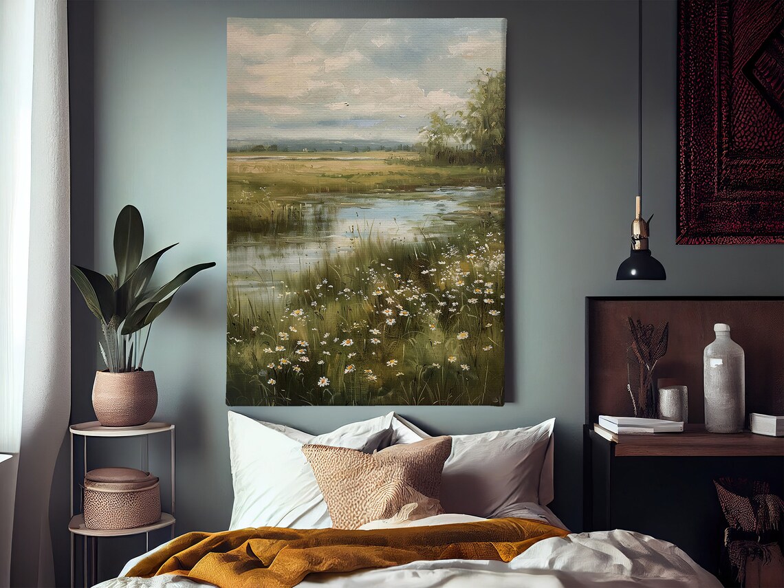 Tranquil River Meadow With Daisies Calm Waters Landscape Art Poster - Image 2
