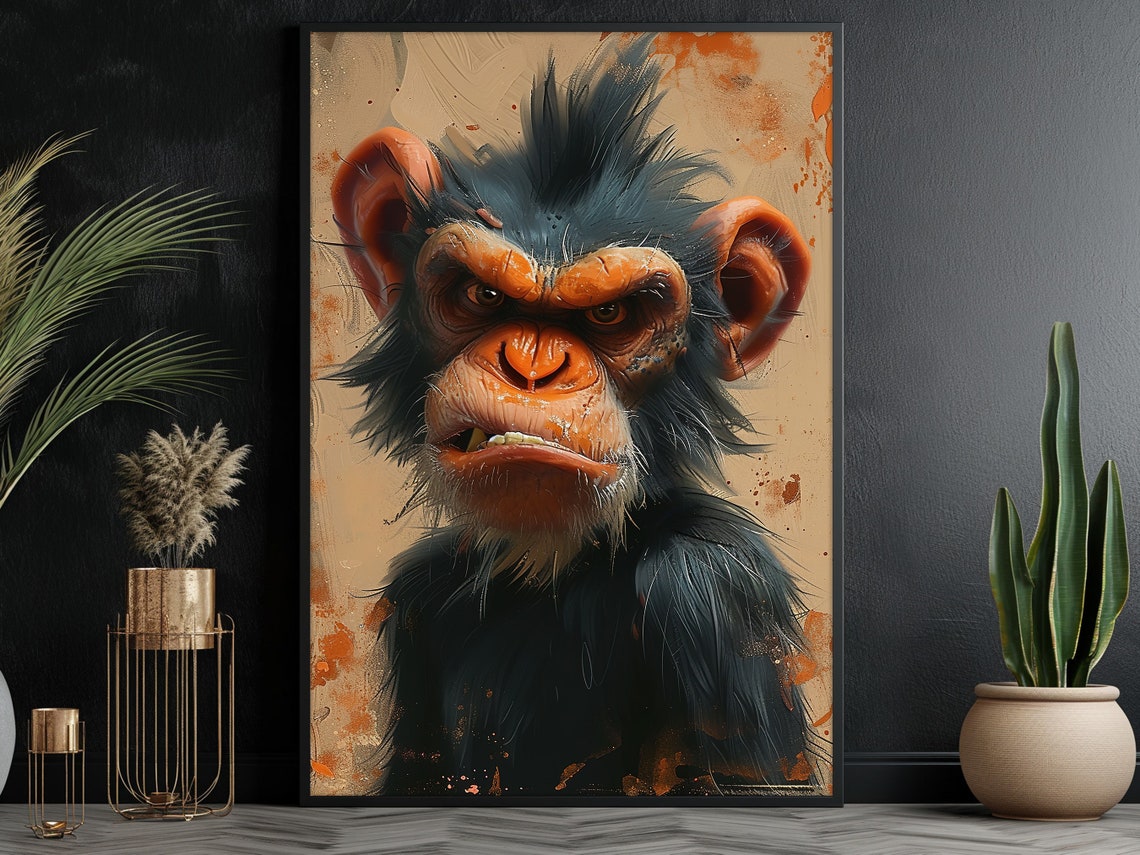 Grumpy Chimpanzee Bold Brush Portrait Funny Animal Wall Art Poster