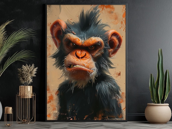 Grumpy Chimpanzee Bold Brush Portrait Funny Animal Wall Art Poster