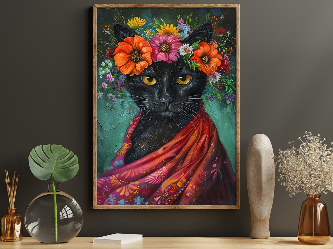 Black Cat Flower Crown Maximalist Colorful Floral Portrait Whimsical Art Poster