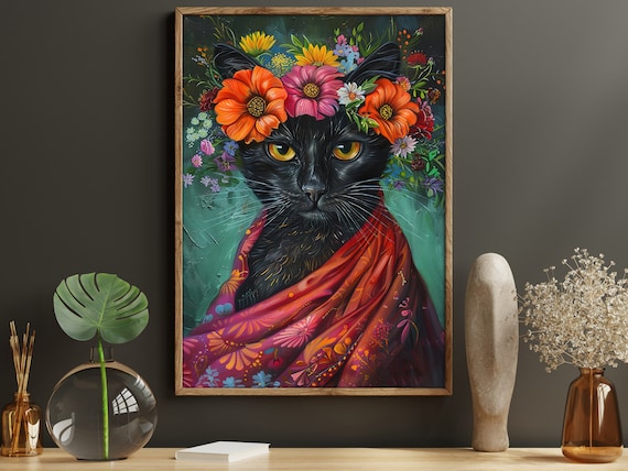 Black Cat Flower Crown Maximalist Colorful Floral Portrait Whimsical Art Poster