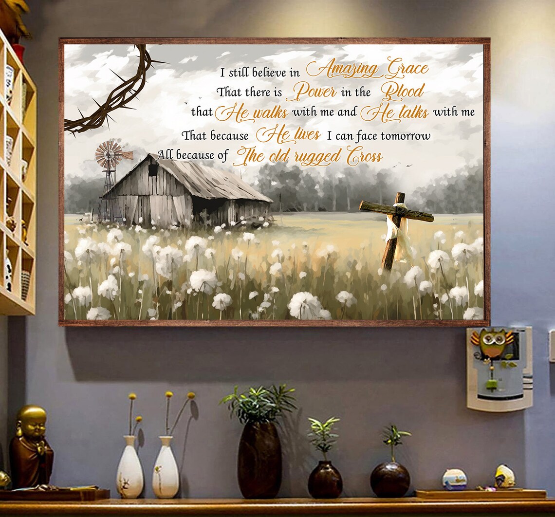 Amazing Grace Old Rugged Cross Old Barn Windmill Field Christian Wall Art - Image 3