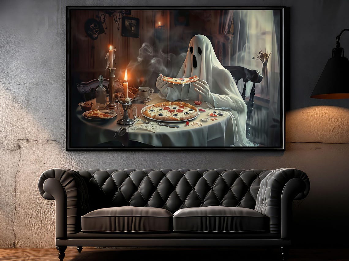 Ghost Eating Pizza By Candlelight Funny Spooky Halloween Art Poster - Image 6