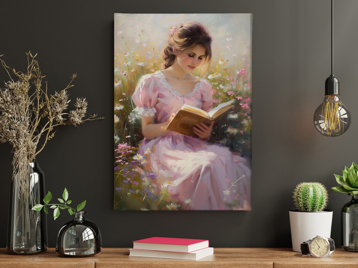 Vintage Girl Reading in Flower Garden, Art Print - Image 4