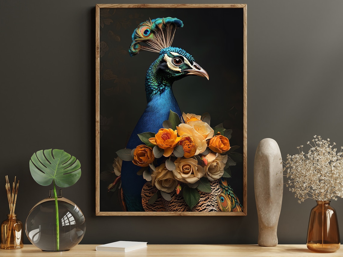 Royal Peacock Portrait With Cream Orange Roses Dark Animal Art Poster