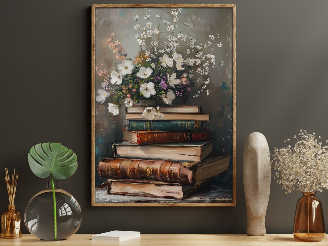 Vintage Flowers And Books Painting Flowers Vase Print Cottage Flowers Flowers Poster Flowers Wall Art