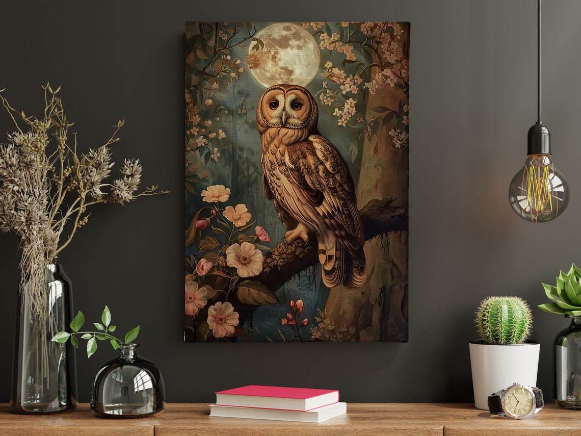 Barn Owl Moonlight Blossom Branch Dreamy Night Forest Art Poster - Image 3