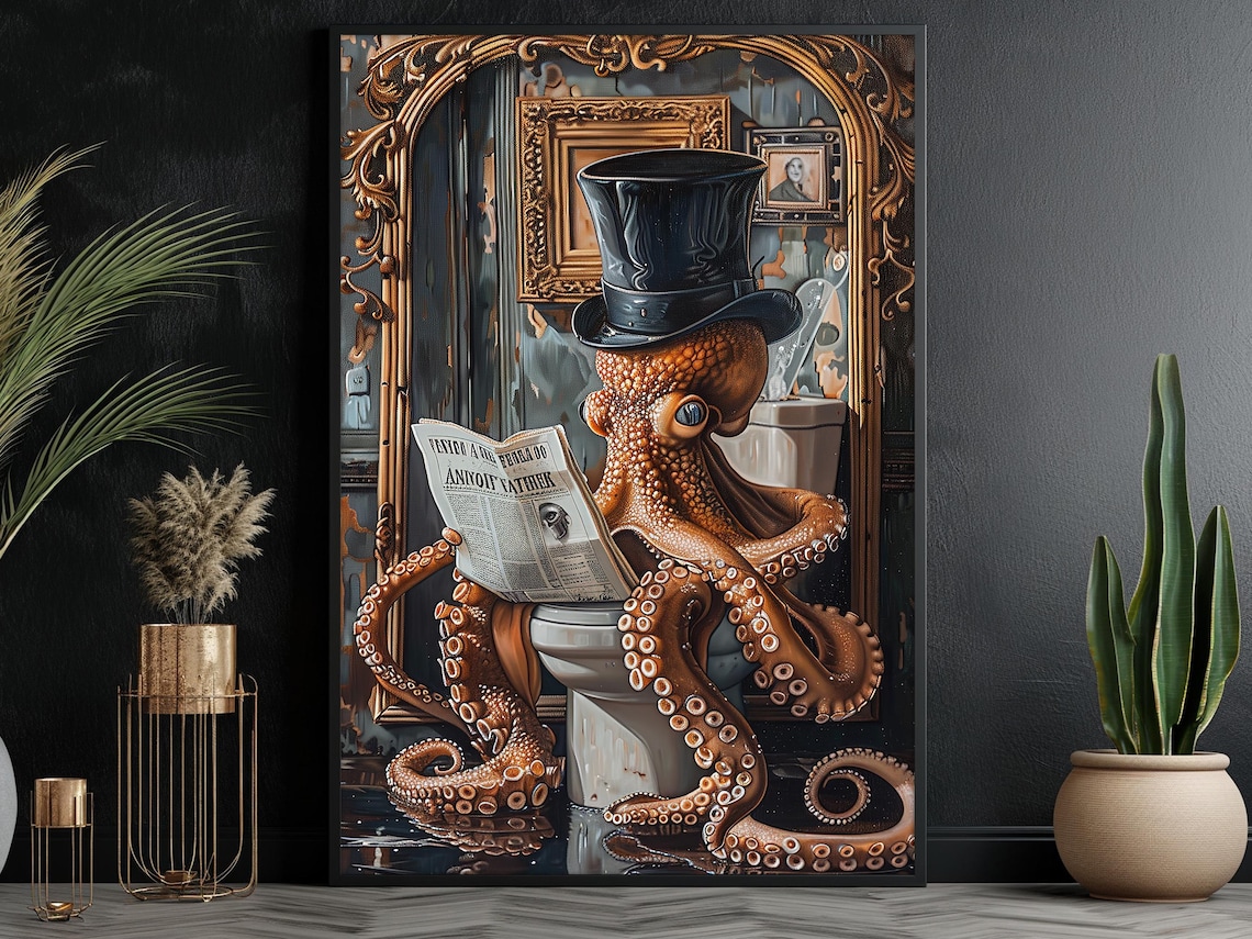 Vintage Octopus on Toilet Bathroom Poster Print