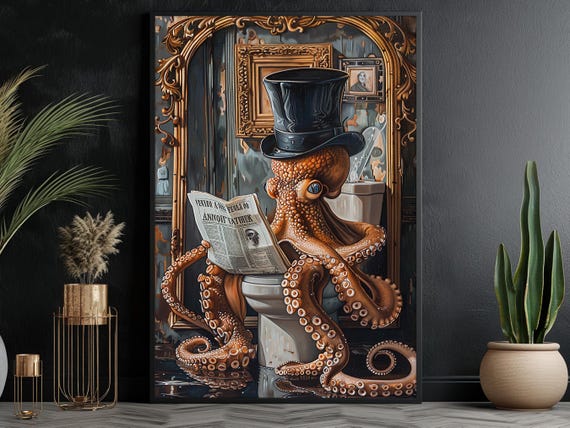 Vintage Octopus on Toilet Bathroom Poster Print