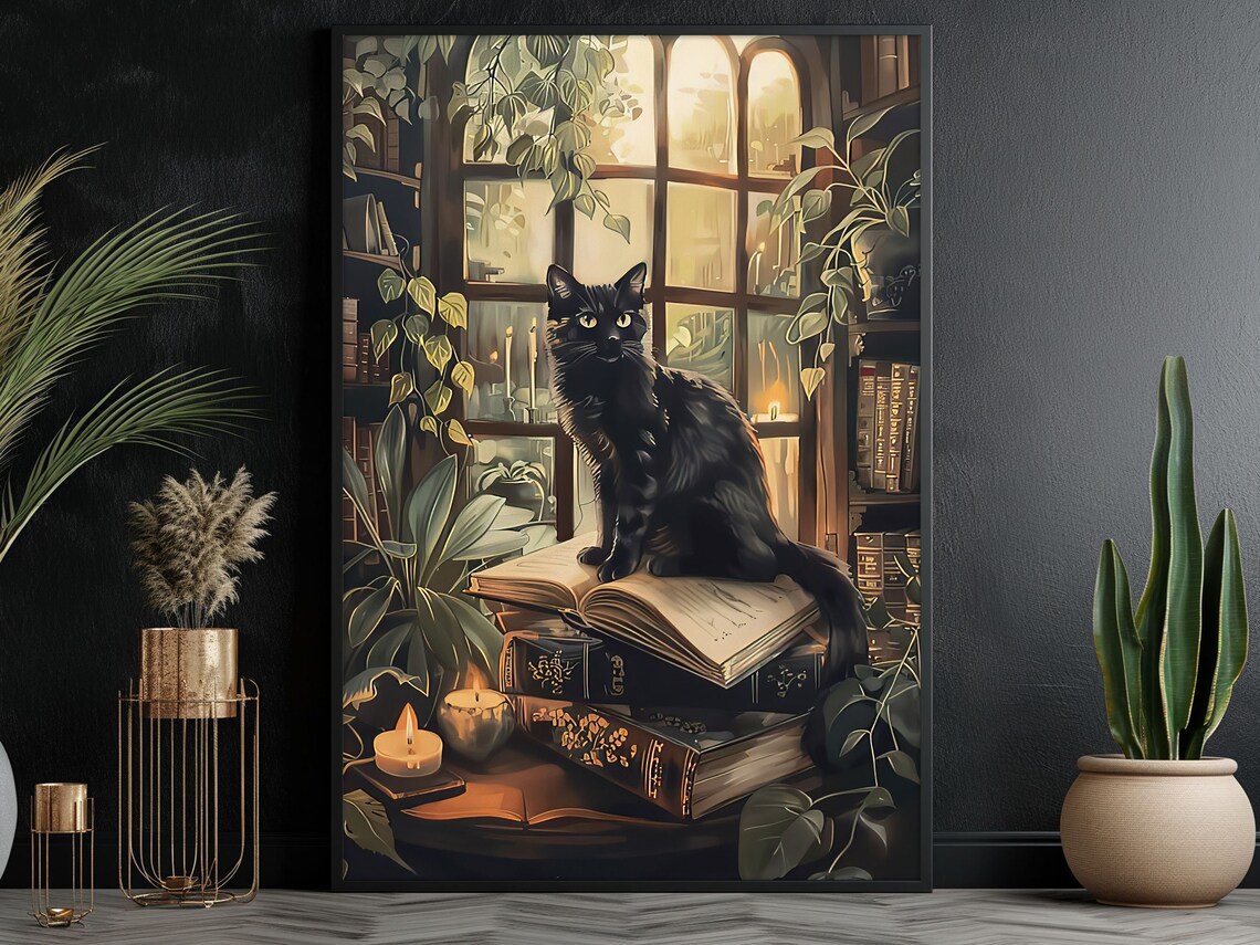 Vintage Black Cat and Books, Cottage Cat Art Print - Image 4