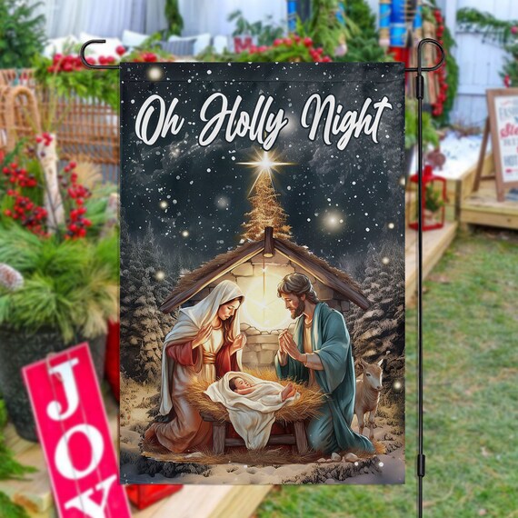 Oh Holly Night Nativity Manger Scene Christmas Garden Flag Snowy Star Decor