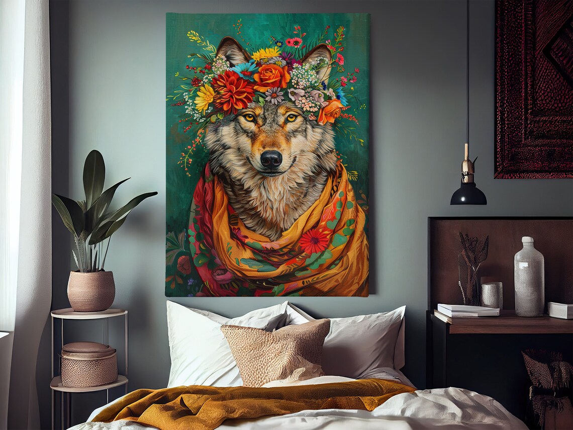 Wolf With Flower Crown Maximalist Floral Scarf Wildlife Portrait Poster - Image 2