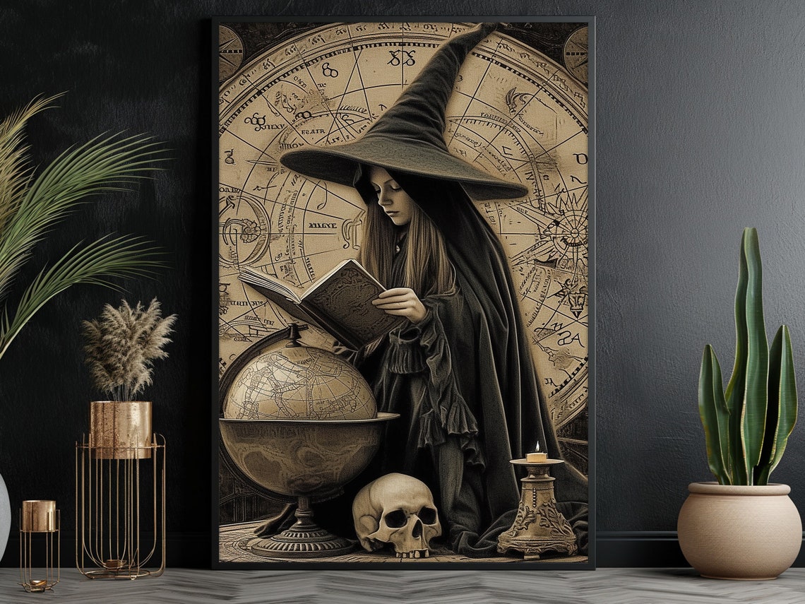 Vintage Witch Reading Spell Book With Skull Astrology Dark Art Poster